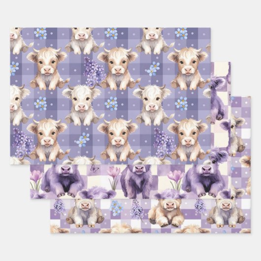 Purple Highland Cow Gingham Lilac Aesthetic Geschenkpapier Set (Set)