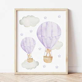 Purple Hot Air Balloon, Animals, Bear, Bunny Poster