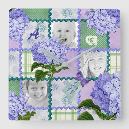 Purple Hydrangea Instagram Photo Quilt Collage Quadratische Wanduhr (Vorderseite)