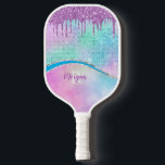 Purple Iridescent & Glitter Drips, Name & Monogram Pickleball Schläger<br><div class="desc">Personalize with purple name and white monogram on teal,  blue and purple Iridescent background with Purple Glitter Drips.</div>