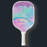 Purple Iridescent & Glitter Drips, Name & Monogram Pickleball Schläger<br><div class="desc">Personalize with purple name and white monogram on teal,  blue and purple Iridescent background with Purple Glitter Drips.</div>