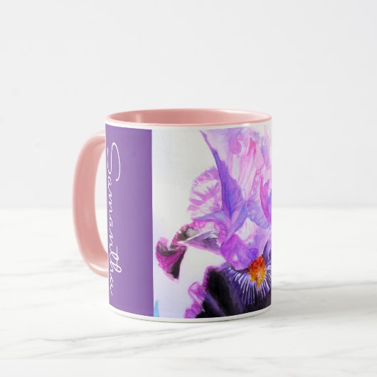 Purple Iris Flower Watercolor Womans Irises  Tasse (Vorderseite Links)