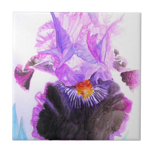 Purple Iris Watercolor Flower Floral Birthday Fliese (Vorderseite)