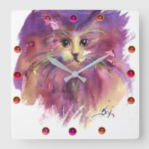 PURPLE KITTEN,CUTE KITTY CAT PORTRAIT Gemstones Quadratische Wanduhr