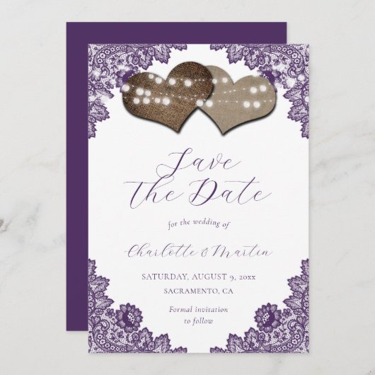 Purple Lace Burlap Hearts Rustic Wedding Save The Date (Vorne/Hinten)