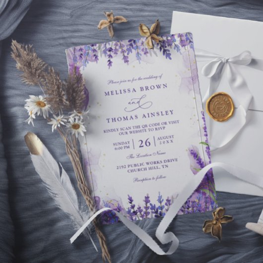 Purple Lavender Floral Modern QR Code Wedding Einladung