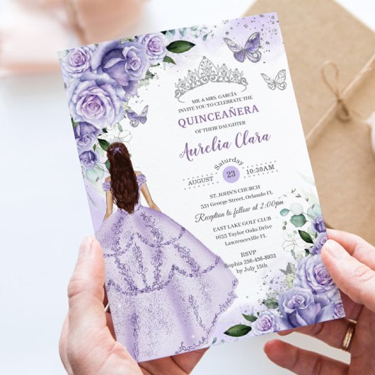 Purple Lavender Floral Silver Quinceanera Sweet 16 Einladung