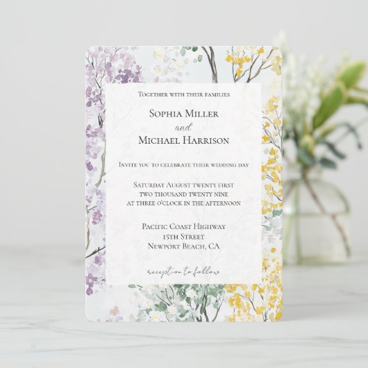Purple Lavender Green Yellow Flower Wedding Einladung (Stehend Vorderseite)