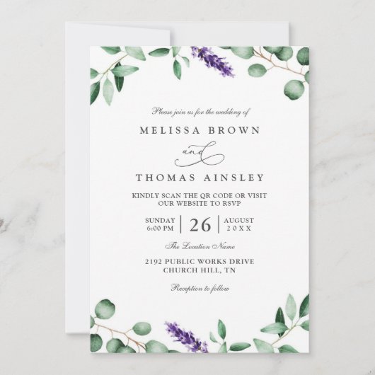 Purple Lavender Greenery Rustic QR Code Wedding Einladung (Vorderseite)