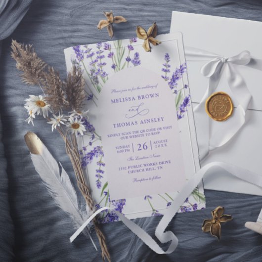 Purple Lavender Rustic Budget QR Code Wedding Einladung