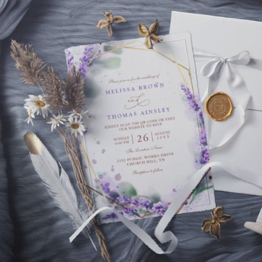 Purple Lavender Rustic Floral QR Code Wedding Einladung