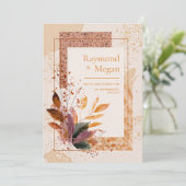 Purple Leaf Speckled Autumnal Gold Frame Wedding Einladung (Stehend Vorderseite)