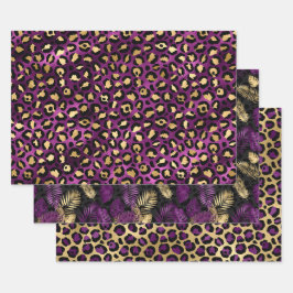 Purple Leopard Print with Gold Tropical Leaves Geschenkpapier Set