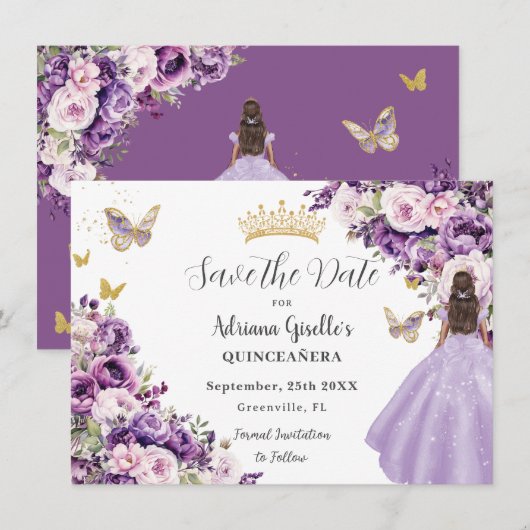 Purple Lilac Floral Quinceanera Save The Date (Vorne/Hinten)