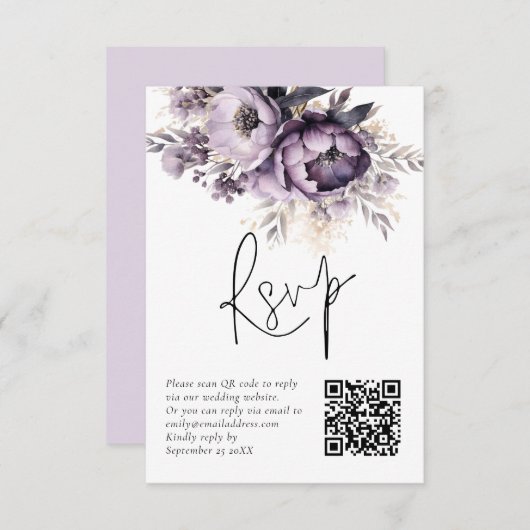 Purple Lilac Florals QR Code Wedding RSVP Card Einladung (Vorne/Hinten)