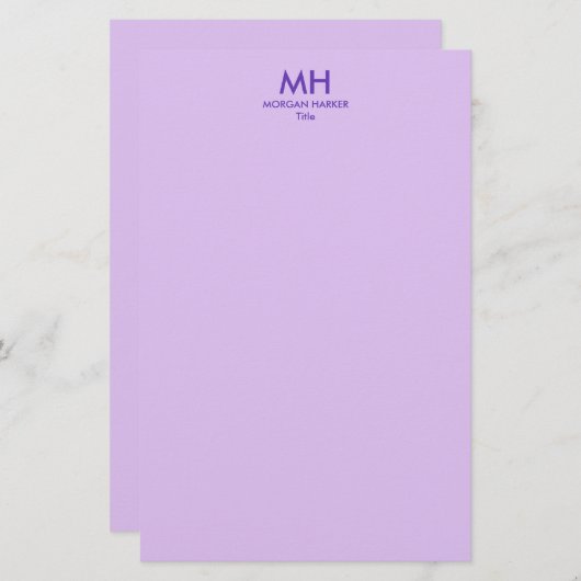 Purple Lilac Minimal Clean Initials Briefpapier (Vorne/Hinten)