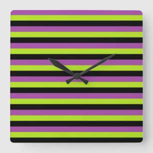 Purple Lime Green and Black Stripes Quadratische Wanduhr