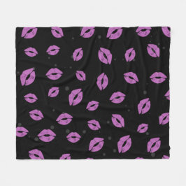 Purple Lipstick Kisses on Black Background Pattern Fleecedecke