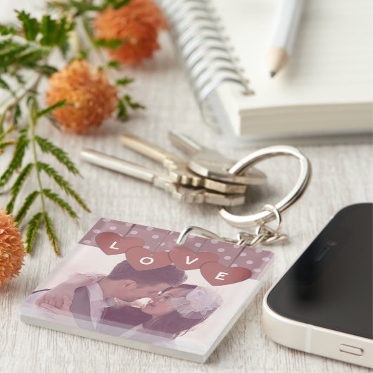 Purple Love Hearts Banner Overlaid Custom Photo Schlüsselanhänger (Vorderseite rechts)