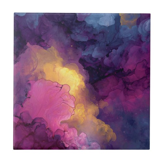 Purple Magenta Gold Alcohol Ink Nebula Flow Fliese (Vorderseite)