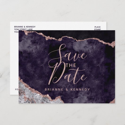 Purple Mauve Rose Gold Agate Marble Save the Date Ankündigungspostkarte (Vorne/Hinten)