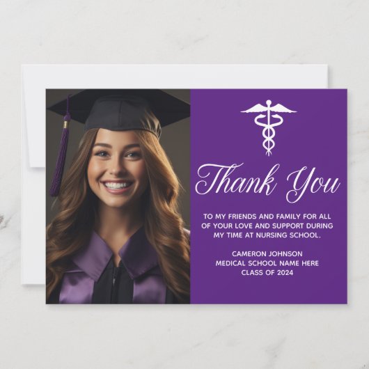 Purple Medical School Graduation Photo Custom Dankeskarte (Vorderseite)