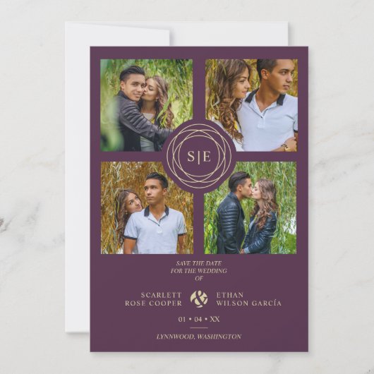 Purple Minimal Initials Wedding Fancy 4 Photos Save The Date (Vorderseite)