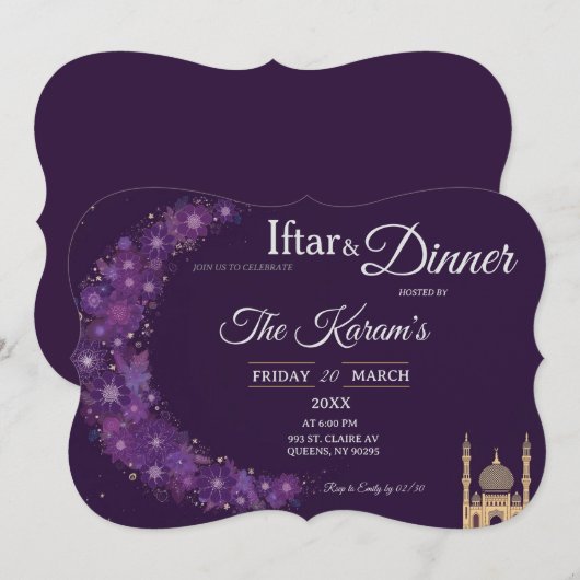 Purple Minimal Mosque Ramadan Iftar Party  Einladung (Vorne/Hinten)