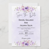 Purple Minimalist Floral Wedding Save the Date Einladung (Vorderseite)