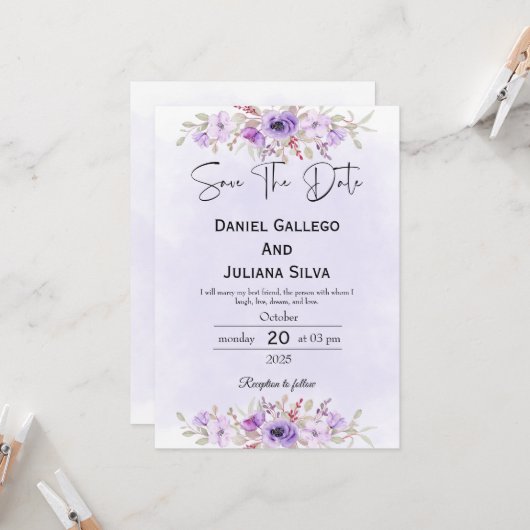 Purple Minimalist Floral Wedding Save the Date Einladung (Vorderseite/Rückseite Beispiel)