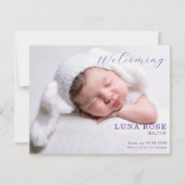 Purple Minimalist Photo Baby Announcement Card (Vorderseite)