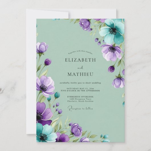 Purple Mint Painterly Spring Wedding Einladung (Vorderseite)