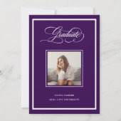 Purple Modern Frame Photo and Elegant Script Grad Ankündigung (Vorderseite)