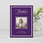 Purple Modern Frame Photo and Elegant Script Grad Ankündigung (Stehend Vorderseite)