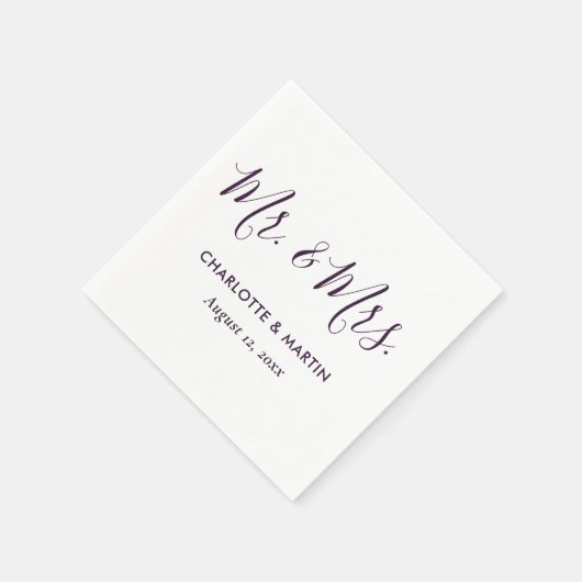 Purple Modern Script Mr. and Mrs. Wedding Serviette (Ecke)