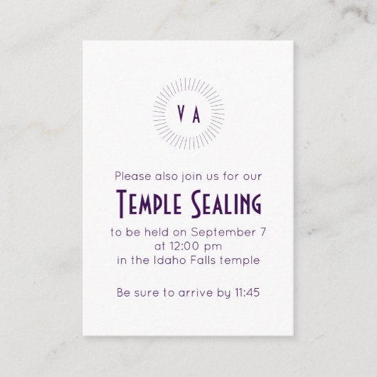 Purple Monogram Circle Temple Sealing Invitation Begleitkarte (Vorderseite)