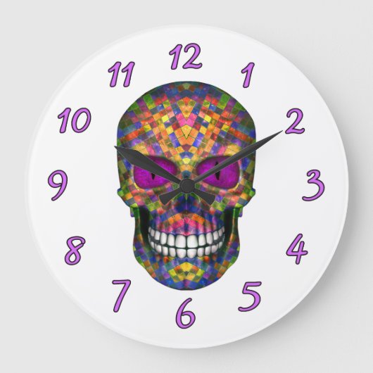 Purple Mosaic Sugar Skull Zombie Wall Clock Große Wanduhr (Vorderseite)