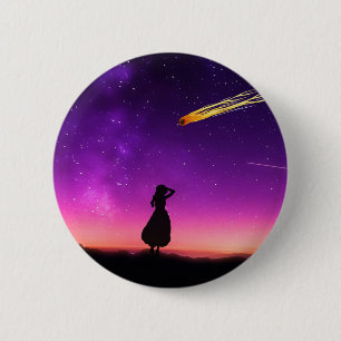 Purple Night Sky With Comet Crashing Toward Earth Button