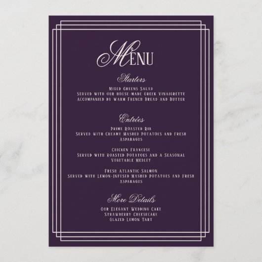Purple Old Money Wedding Menu Card Einladung (Vorderseite)