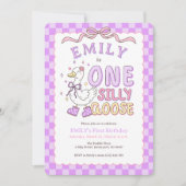 Purple One Silly Goose-Retro Girl First Birthday Einladung (Vorderseite)
