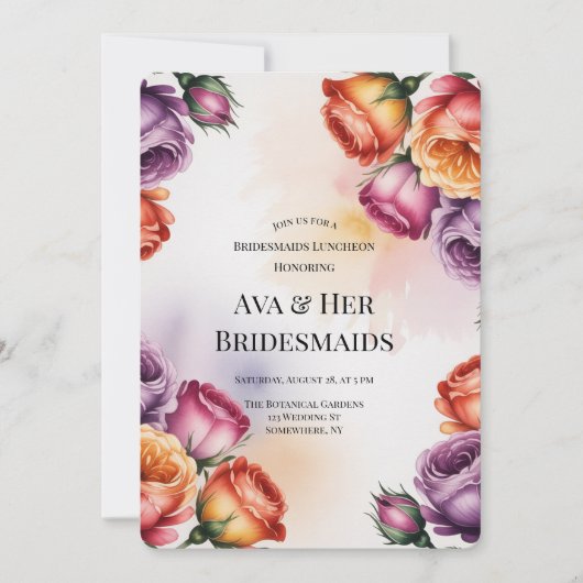 Purple Orange and Red Roses Bridesmaids Luncheon Einladung (Vorderseite)