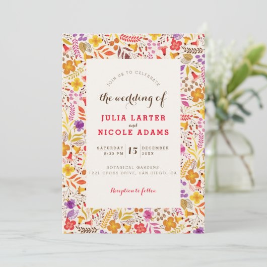 Purple Orange Boho Wildflower Foliage Wedding Einladung (Stehend Vorderseite)