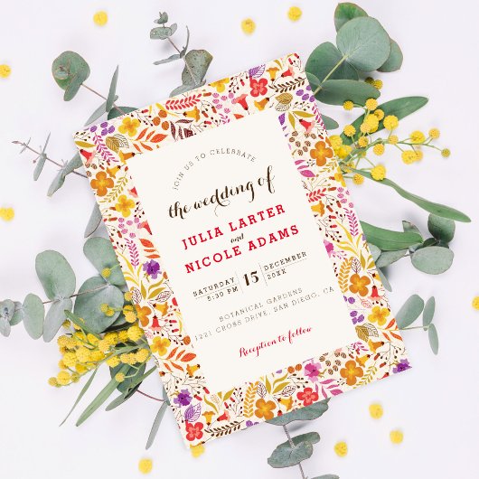 Purple Orange Boho Wildflower Foliage Wedding Einladung
