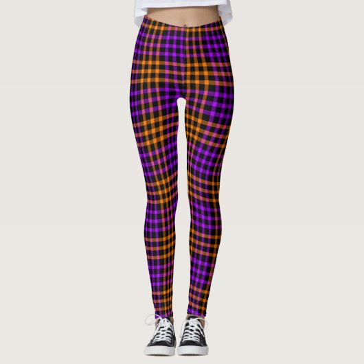 Purple Orange Plaid Checker Seamless Pattern Leggings (Vorderseite)