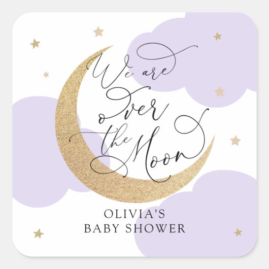Purple Over the Moon Baby Shower Quadratischer Aufkleber (Vorderseite)