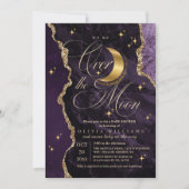 Purple Over the Moon Gold Stars Baby Shower Einladung (Vorderseite)