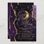 Purple Over the Moon Gold Stars Baby Shower Einladung (Vorne/Hinten)