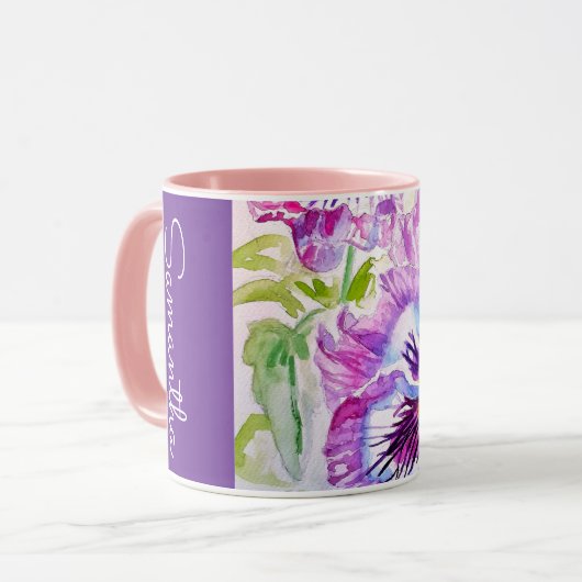Purple Pansy Flower Watercolor Womans Name Pansies Tasse (Vorderseite Links)