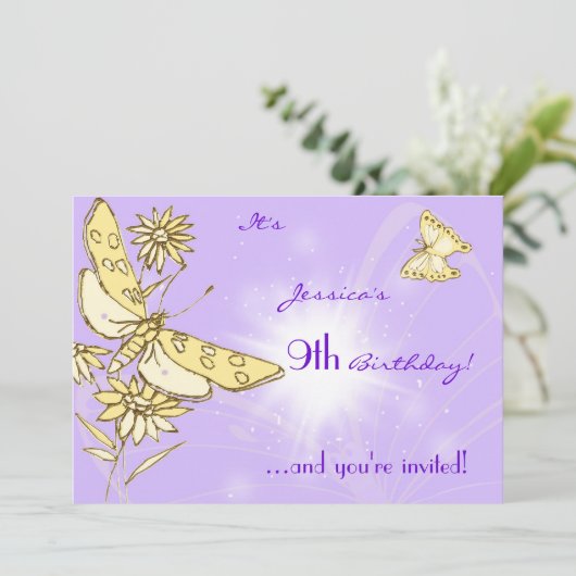 Purple Peach Butterfly Invitation Card Einladung (Stehend Vorderseite)
