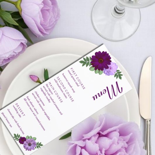 Purple Peony Floral Wedding Menükarte